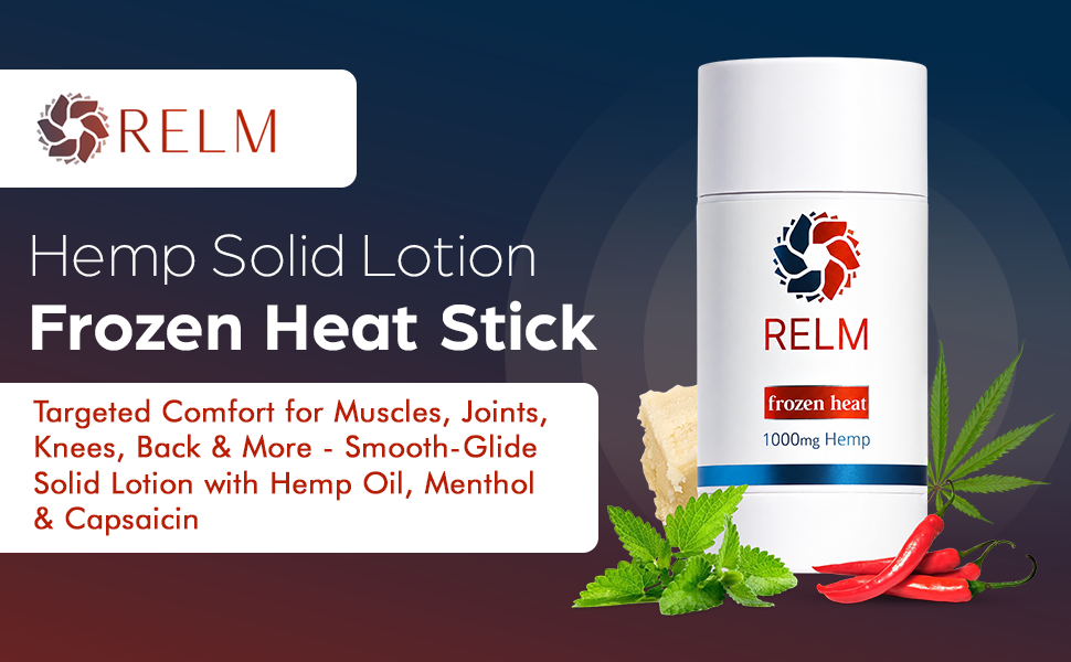 Relm Frozen Heat Stick, cooling and warming hemp muscle rub with menthol and capsaicin