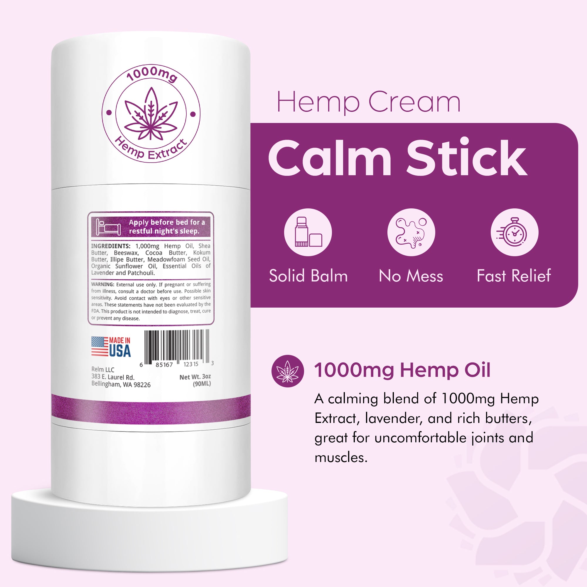 Lavender Solid Hemp Balm for soothing muscles, joints and nerves. Solid balm stick, no mess and fast relief
