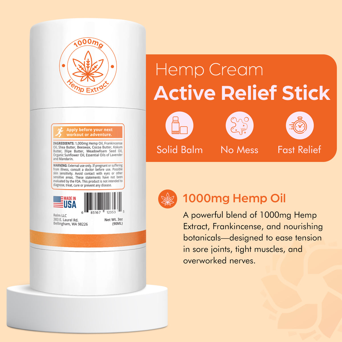 Relm Active Stick frankincense hemp muscle rub, twist-up stick
