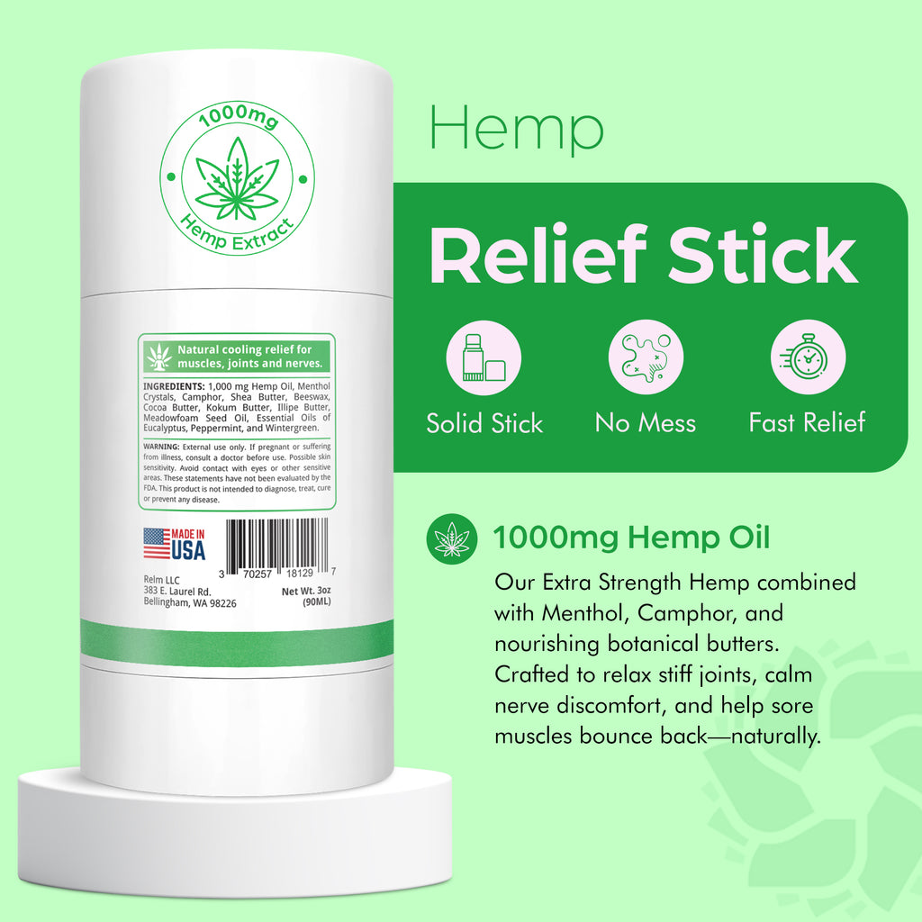 Relief Stick ingredients: hemp seed oil, menthol, camphor, peppermint, eucalyptus