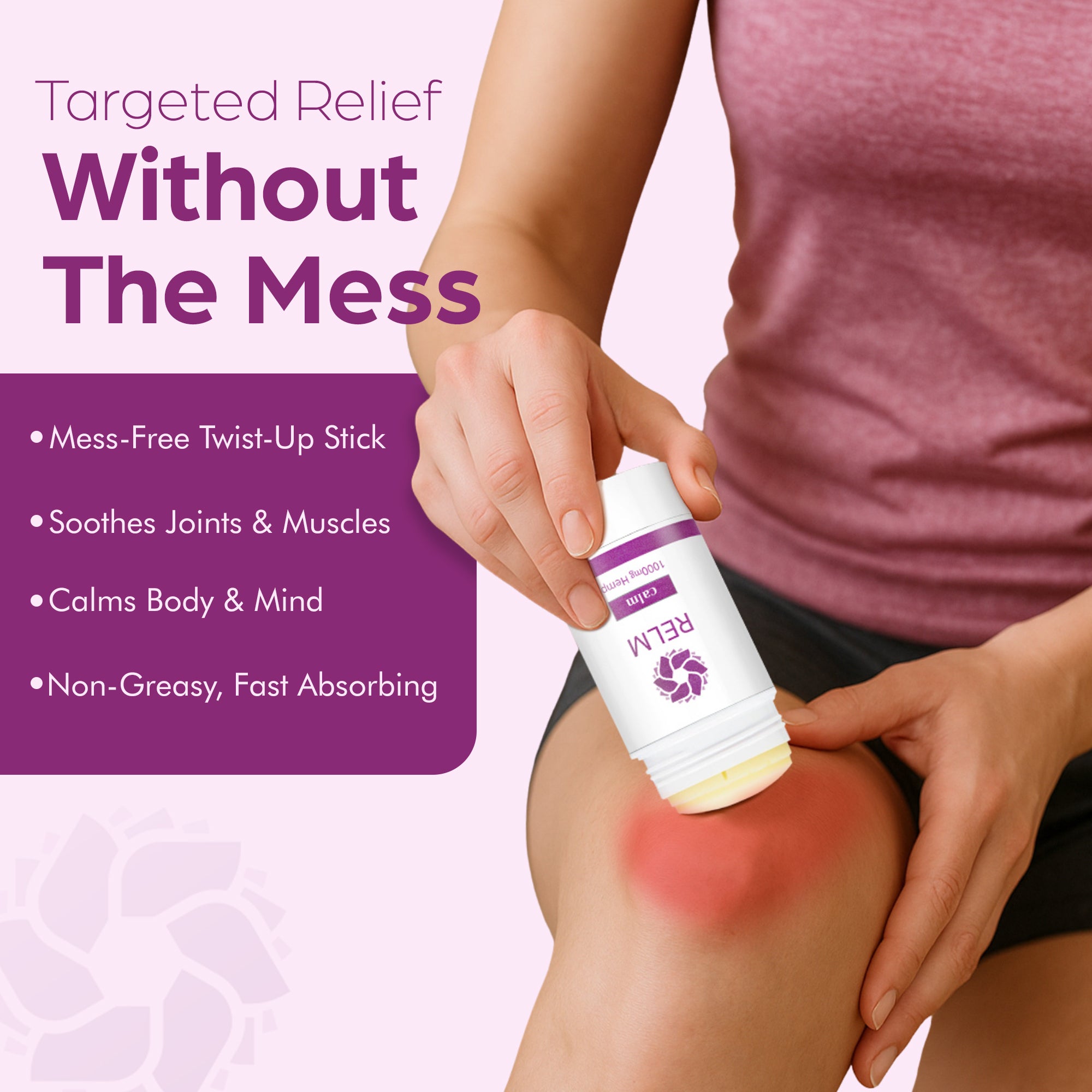 Close-up of Calm Stick Hemp balm with smooth texture for targeted pain and stress relief. 

