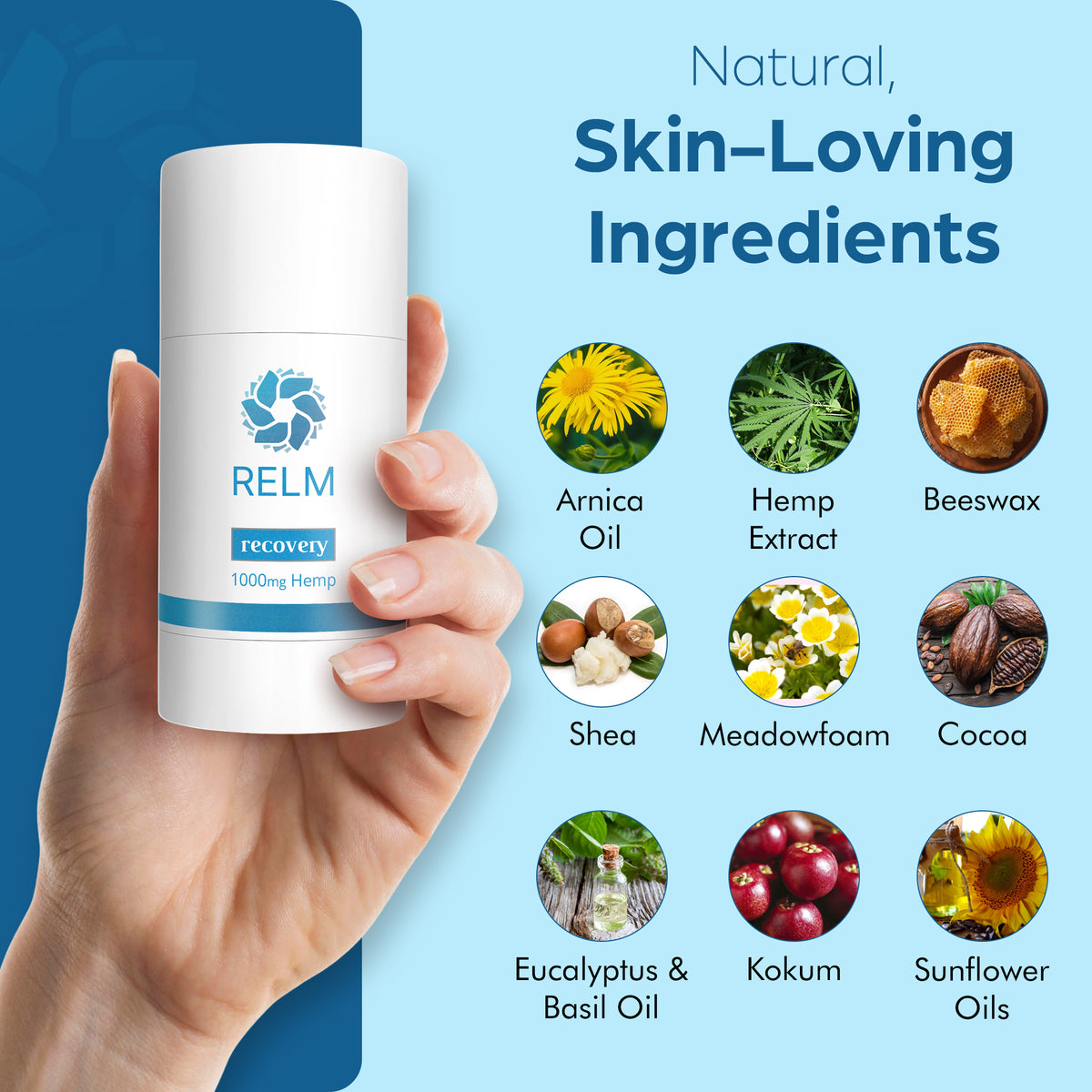 Relm Recovery Stick natural ingredients: hemp seed oil, arnica, cocoa butter